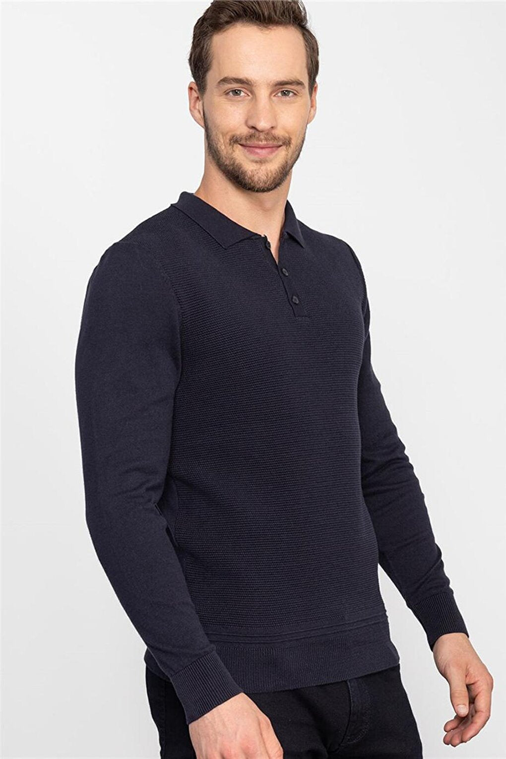 Slim Fit Narrow Cut Polo Neck Dobby Men's Navy Blue Sweater