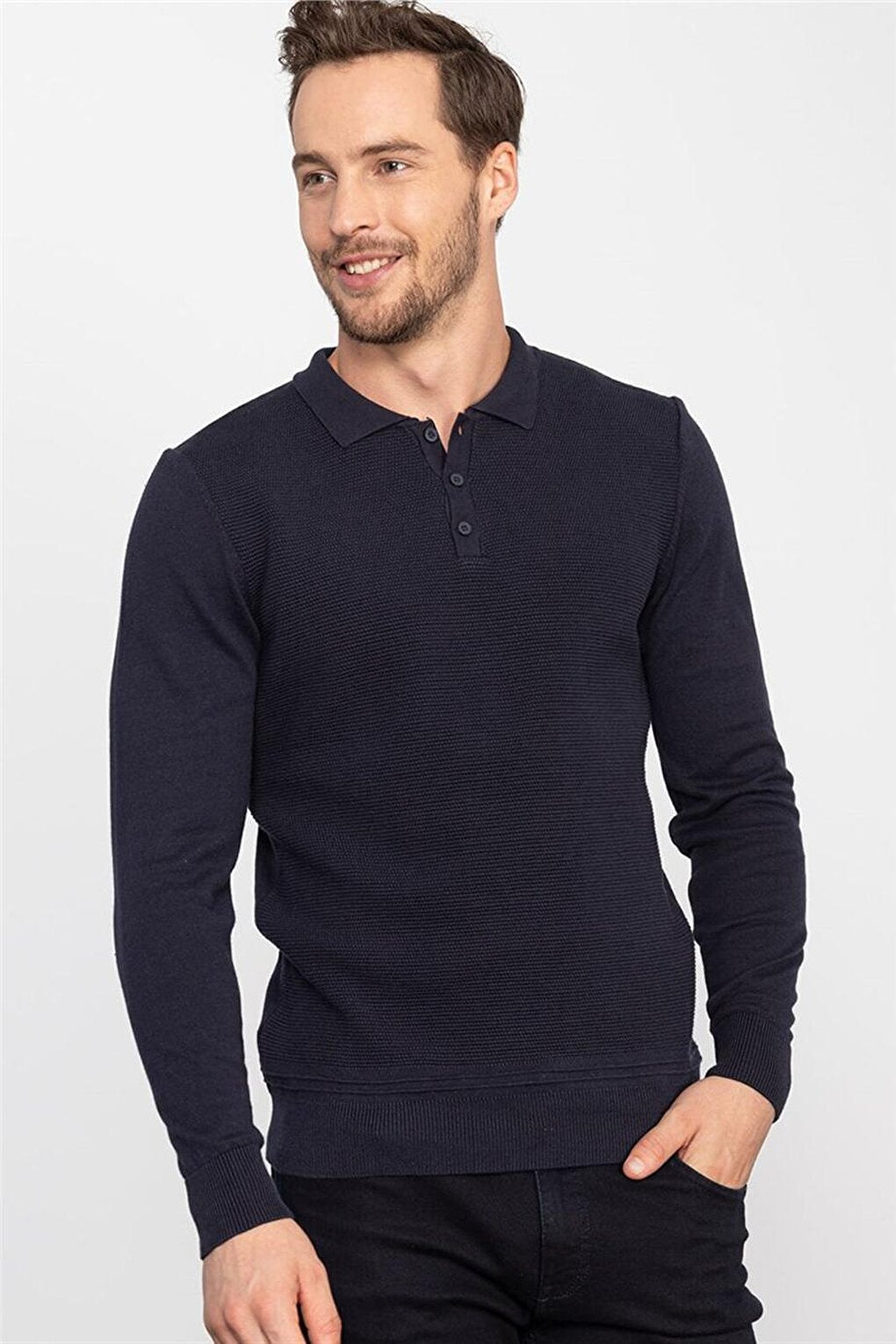 Slim Fit Narrow Cut Polo Neck Dobby Men's Navy Blue Sweater