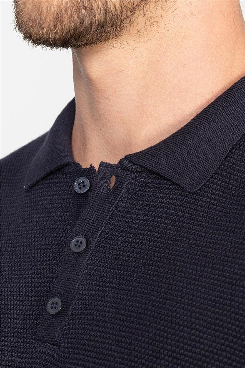 Slim Fit Narrow Cut Polo Neck Dobby Men's Navy Blue Sweater