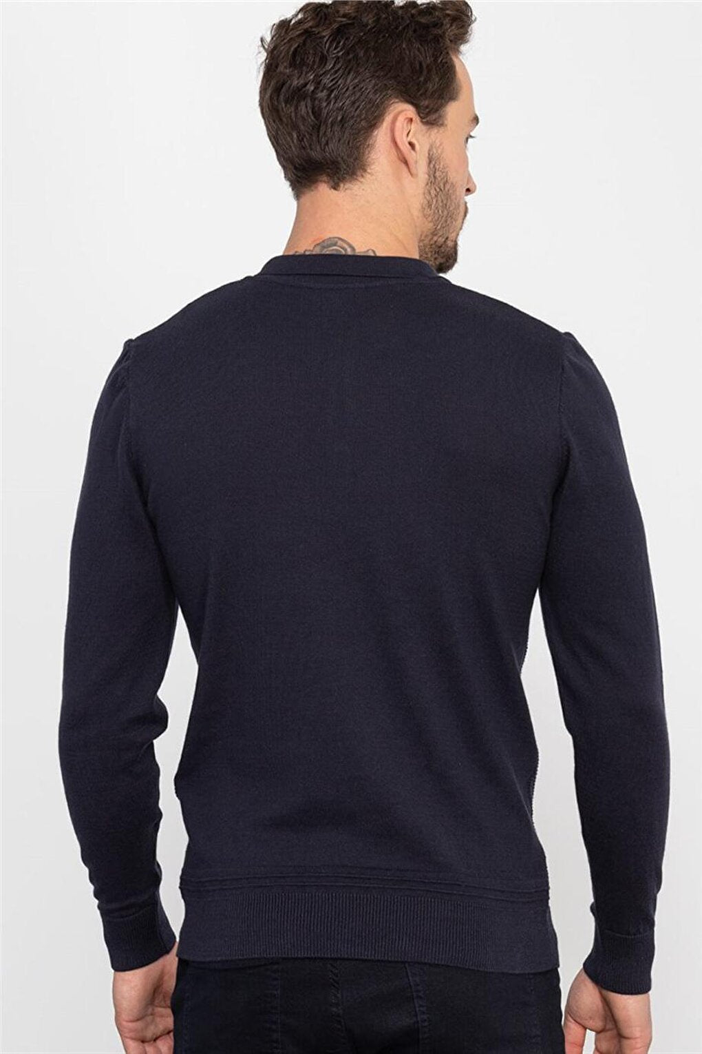 Slim Fit Narrow Cut Polo Neck Dobby Men's Navy Blue Sweater