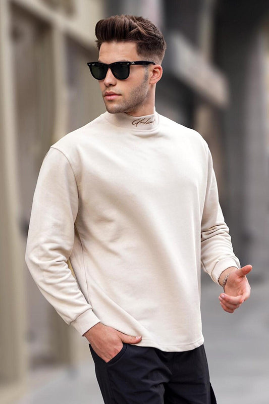 Beige Half Turtleneck Men's Sweatshirt 5329