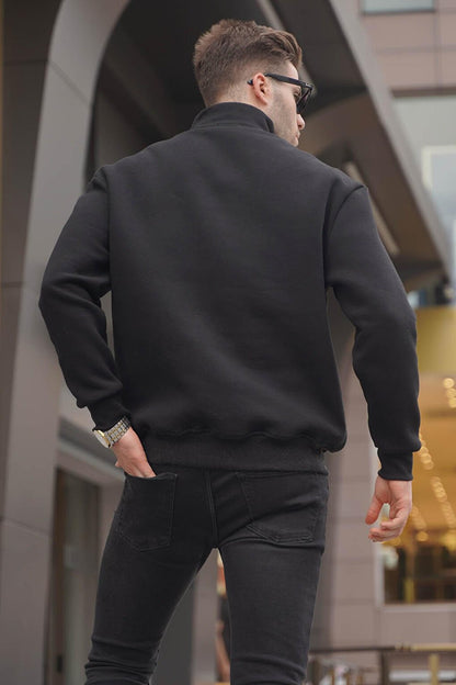 Black Zipper Collar Printed Men's Sweatshirt 6032