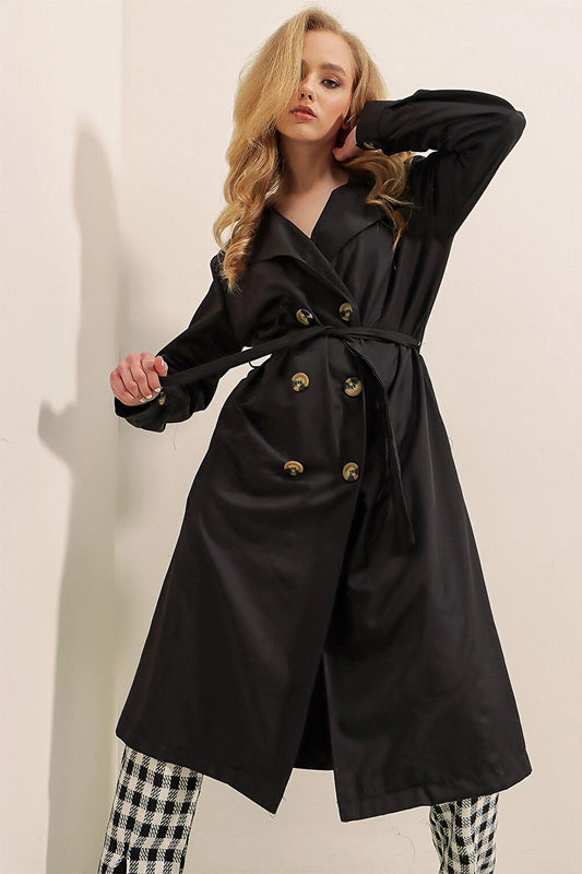 Black Double Breasted Collar Tie Waist Button Trench Coat