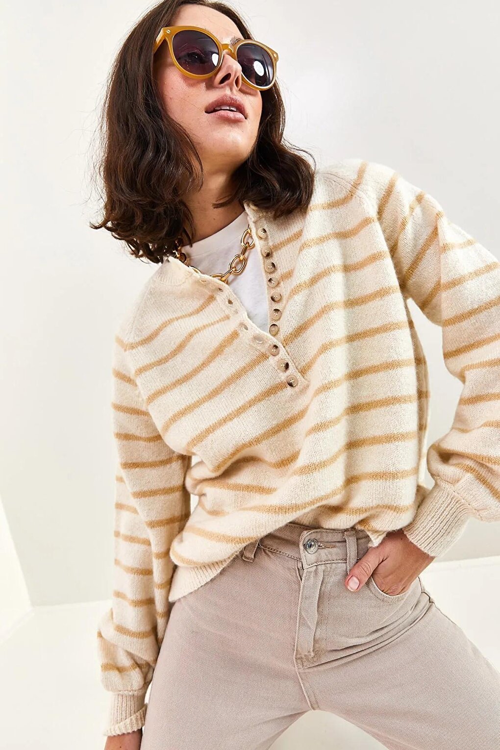 Women's Buttoned Collar Turtleneck Striped Knitwear Sweater