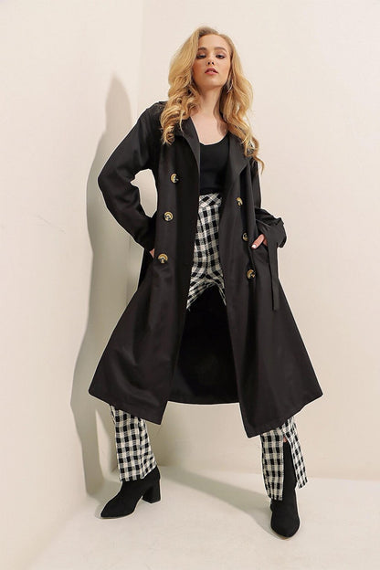 Black Double Breasted Collar Tie Waist Button Trench Coat