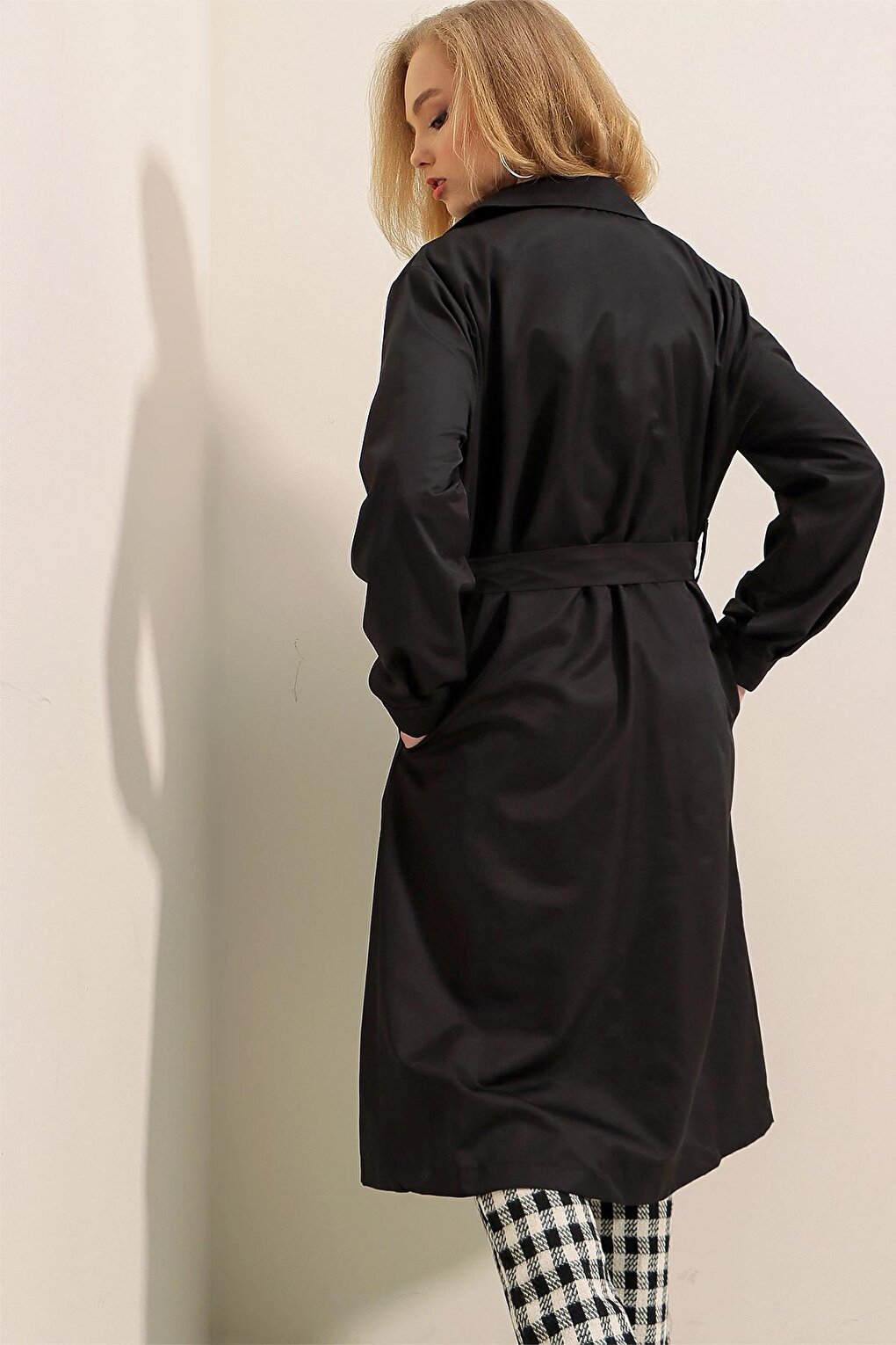 Black Double Breasted Collar Tie Waist Button Trench Coat