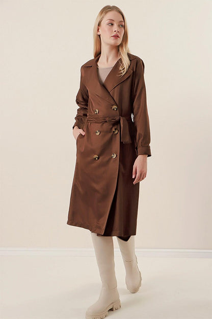 Brown Double Breasted Collar Tie Waist Button Trench Coat