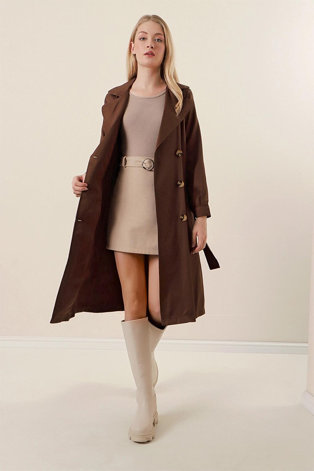 Brown Double Breasted Collar Tie Waist Button Trench Coat