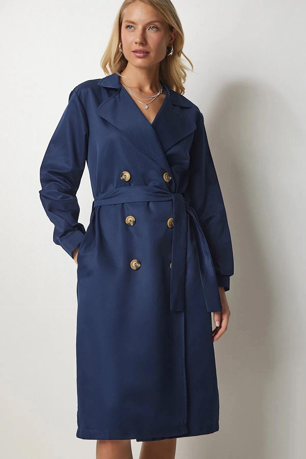 Navy Blue Double Breasted Collar Tie Waist Button Trench Coat