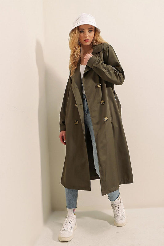 Khaki Double Breasted Collar Tie Waist Button Trench Coat