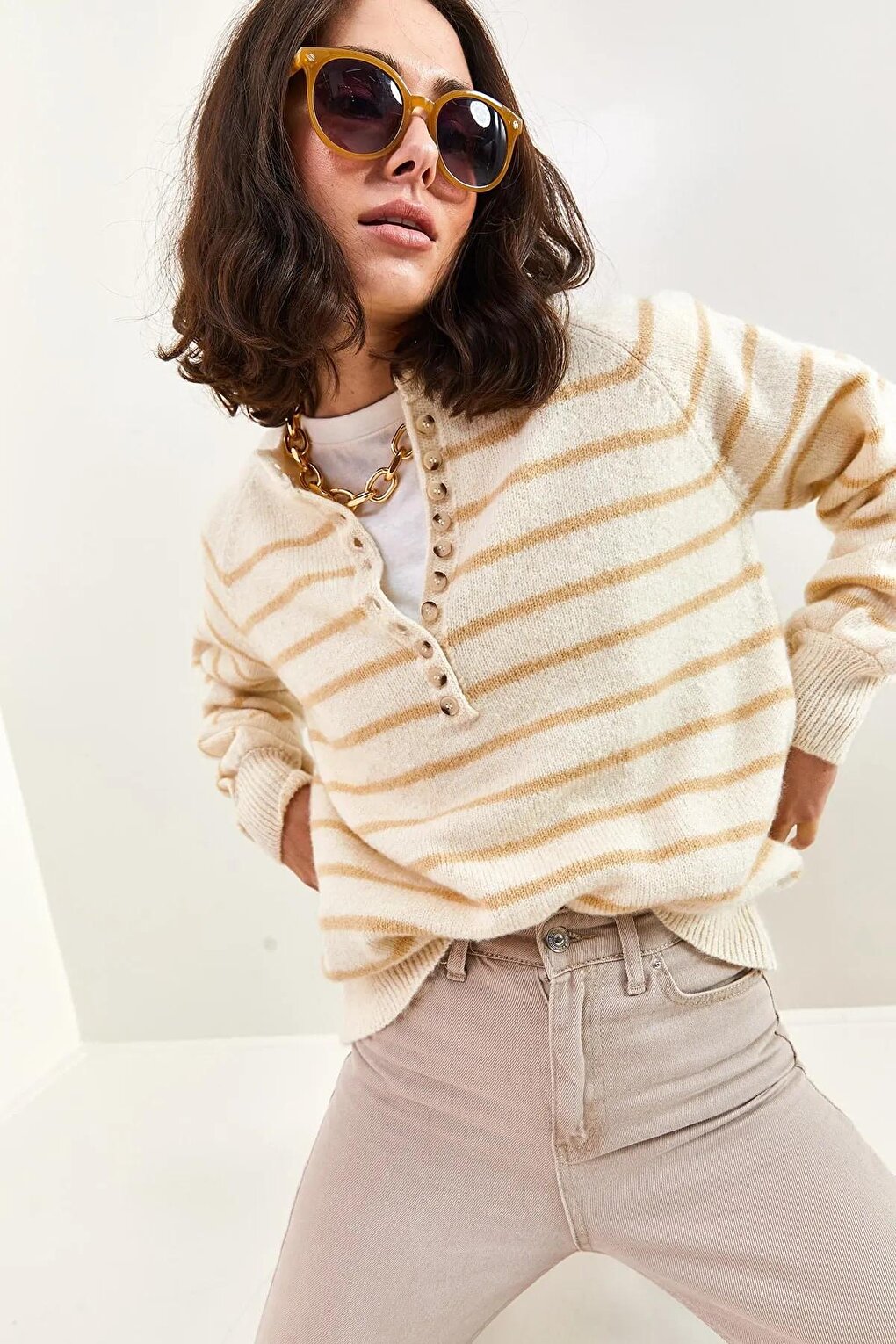 Women's Buttoned Collar Turtleneck Striped Knitwear Sweater