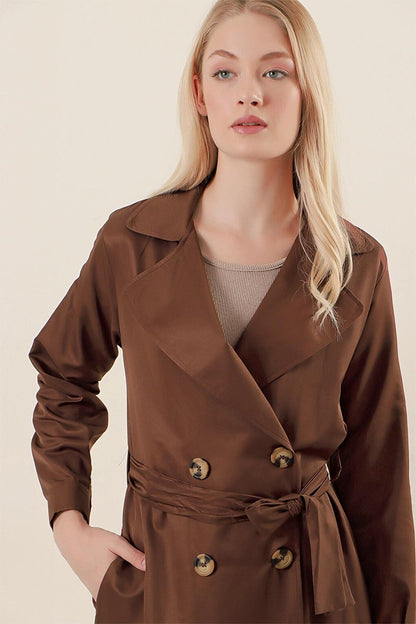 Brown Double Breasted Collar Tie Waist Button Trench Coat