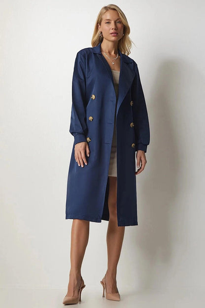 Navy Blue Double Breasted Collar Tie Waist Button Trench Coat