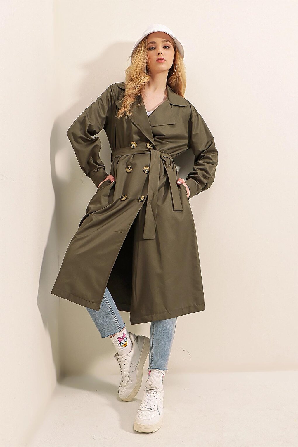 Khaki Double Breasted Collar Tie Waist Button Trench Coat