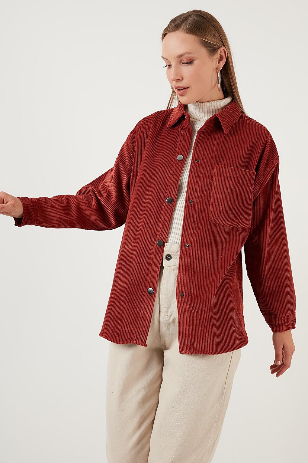 Oversize Single Pocket Velvet Long Shirt 42190508