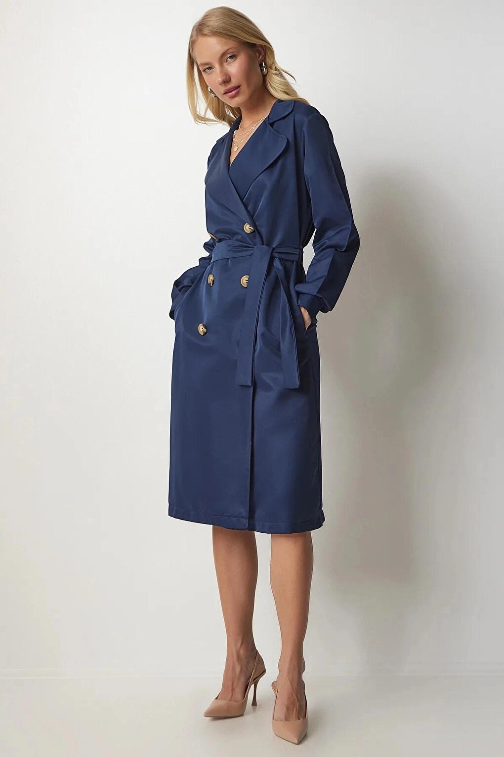 Navy Blue Double Breasted Collar Tie Waist Button Trench Coat