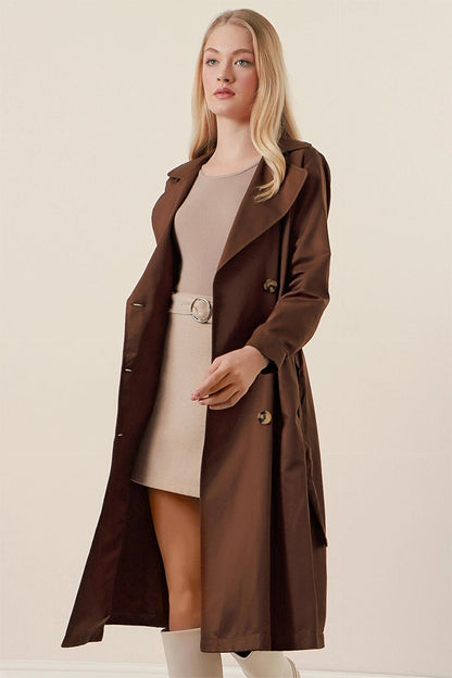 Brown Double Breasted Collar Tie Waist Button Trench Coat