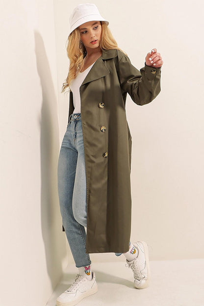 Khaki Double Breasted Collar Tie Waist Button Trench Coat