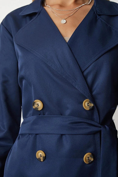 Navy Blue Double Breasted Collar Tie Waist Button Trench Coat