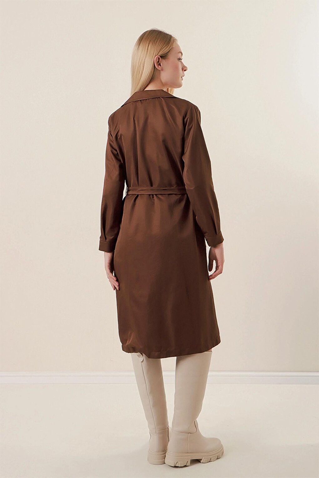 Brown Double Breasted Collar Tie Waist Button Trench Coat