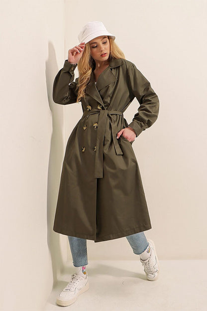 Khaki Double Breasted Collar Tie Waist Button Trench Coat