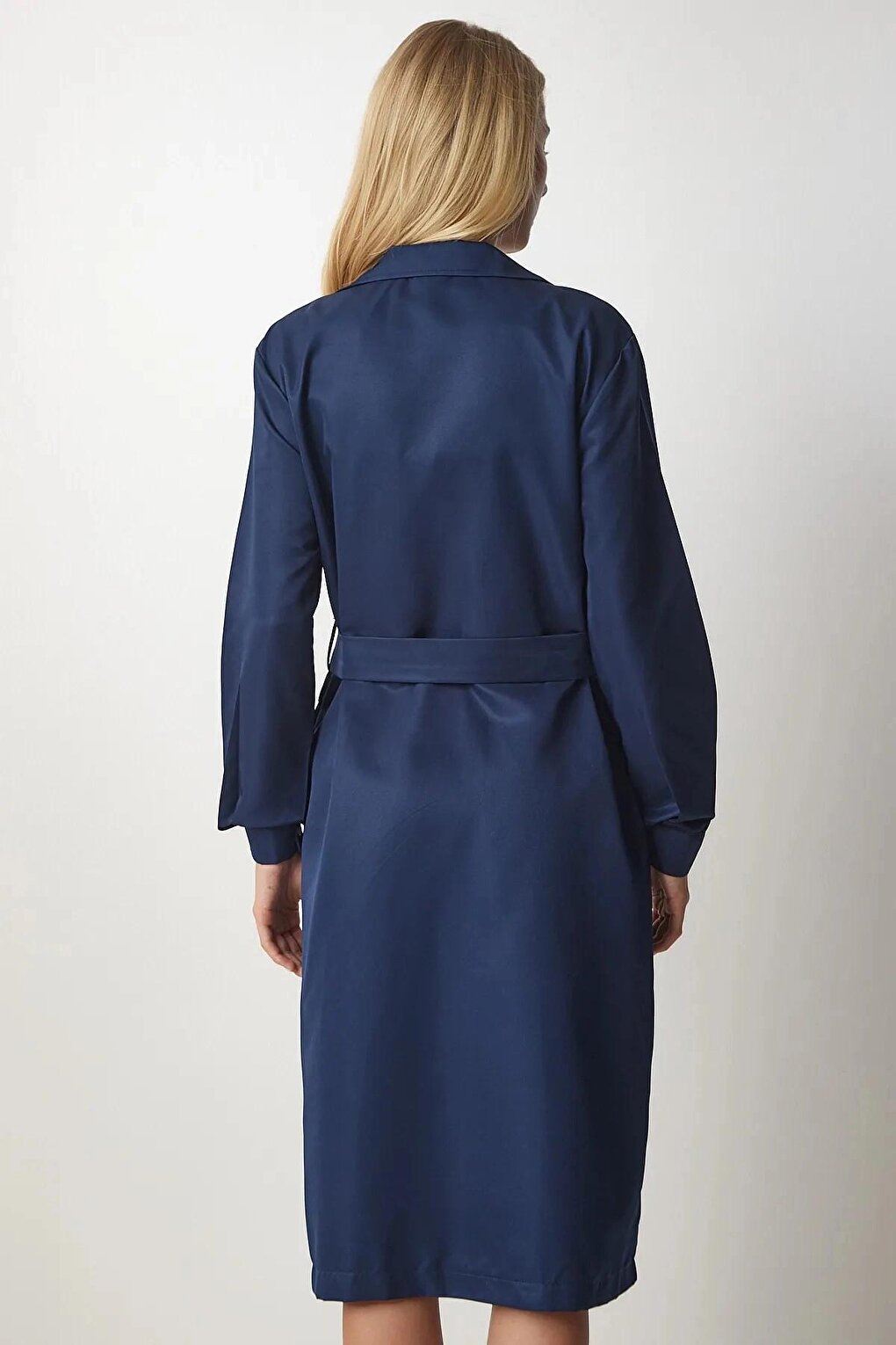 Navy Blue Double Breasted Collar Tie Waist Button Trench Coat