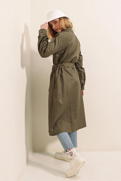 Khaki Double Breasted Collar Tie Waist Button Trench Coat