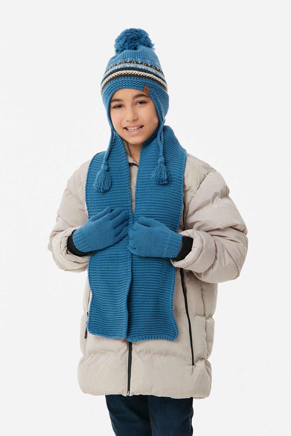 Striped Boy's Scarf, Beret and Gloves Set