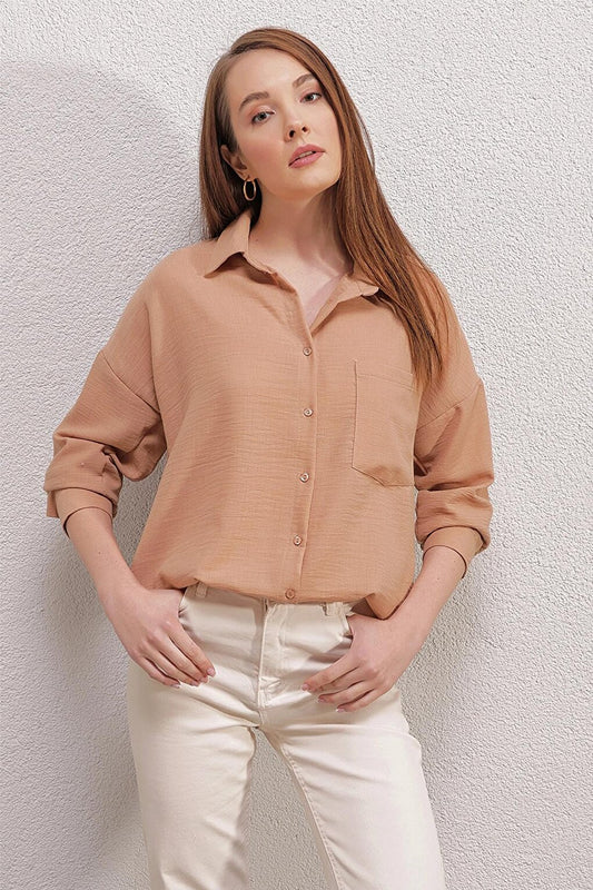 Beige Low Shoulder Pocket Owersize Shirt