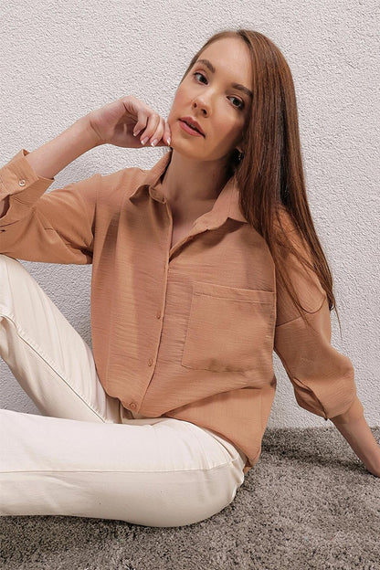 Beige Low Shoulder Pocket Owersize Shirt