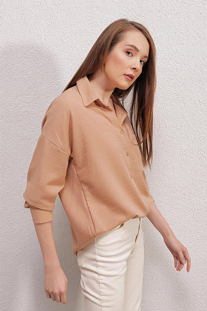 Beige Low Shoulder Pocket Owersize Shirt