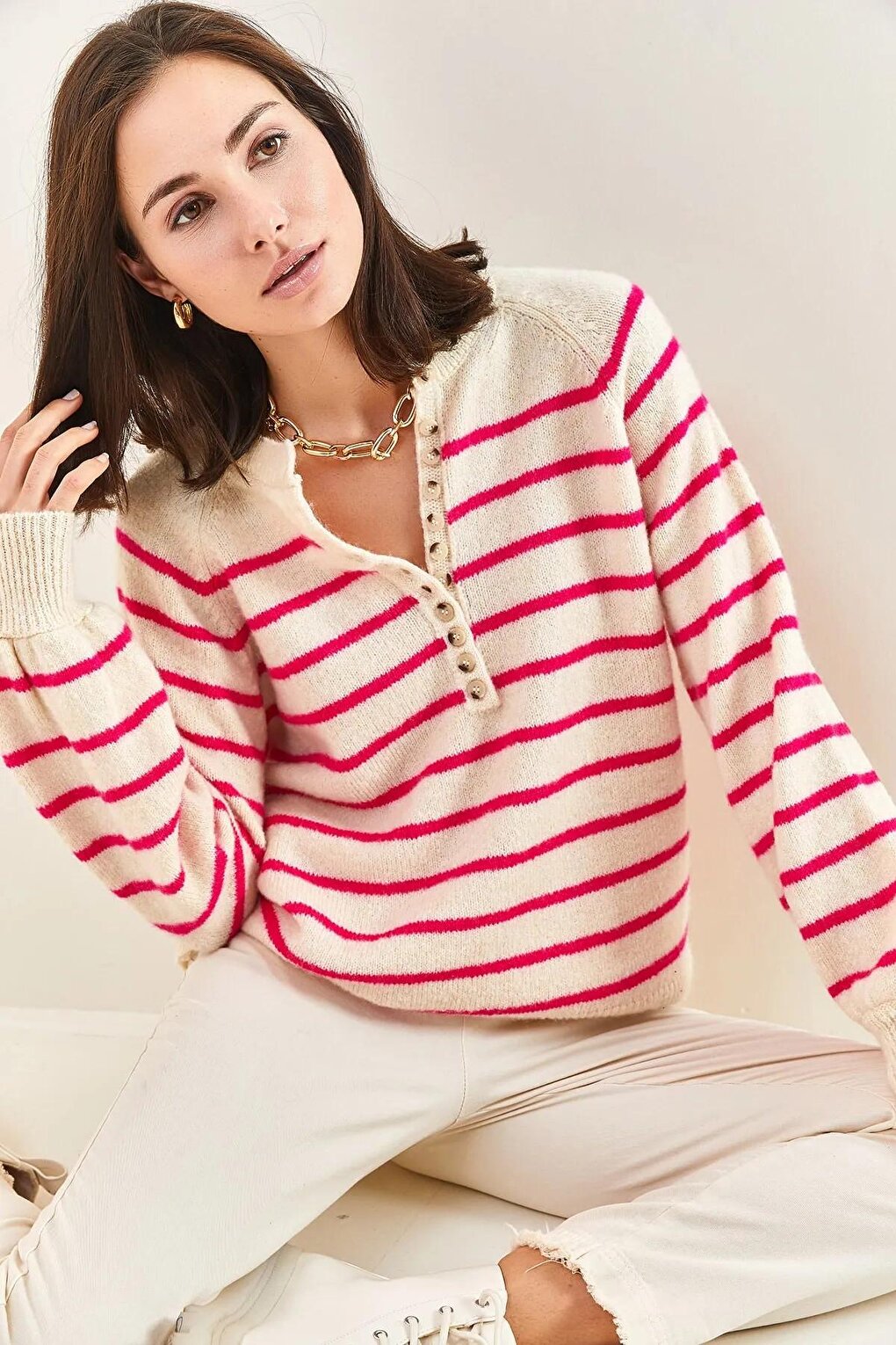 Women's Buttoned Collar Turtleneck Striped Knitwear Sweater