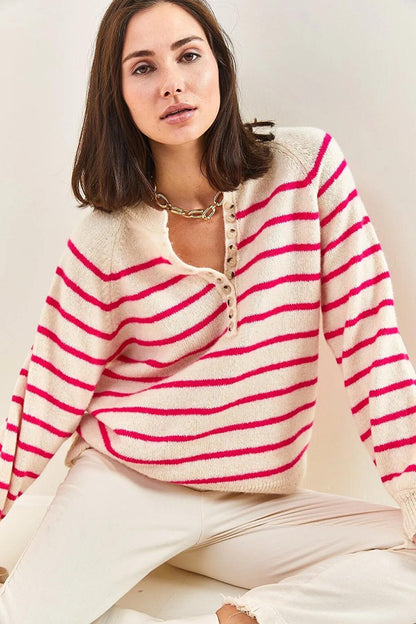 Women's Buttoned Collar Turtleneck Striped Knitwear Sweater