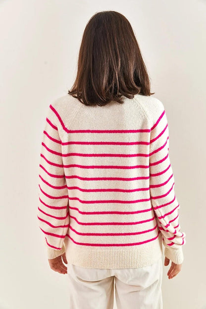 Women's Buttoned Collar Turtleneck Striped Knitwear Sweater