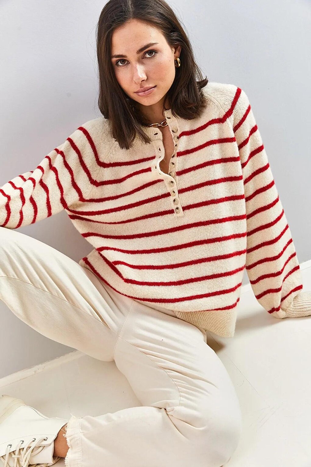 Women's Buttoned Collar Turtleneck Striped Knitwear Sweater