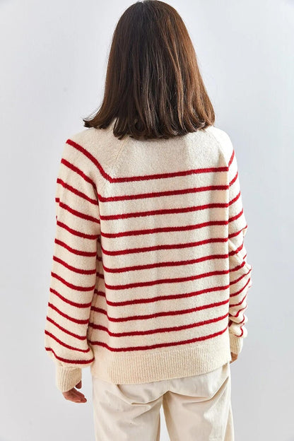 Women's Buttoned Collar Turtleneck Striped Knitwear Sweater