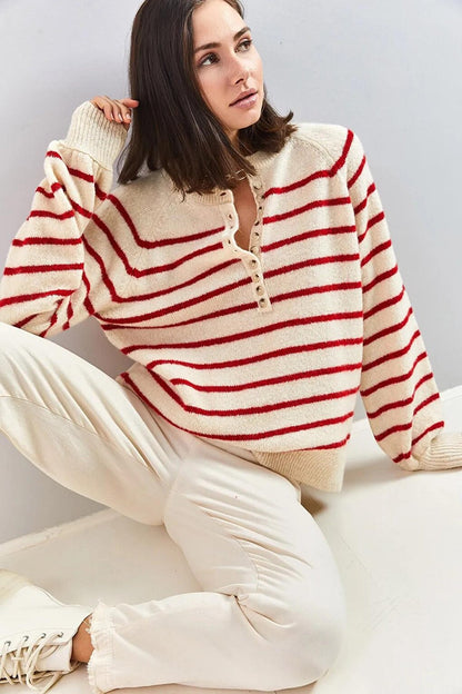 Women's Buttoned Collar Turtleneck Striped Knitwear Sweater