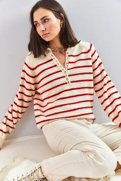 Women's Buttoned Collar Turtleneck Striped Knitwear Sweater