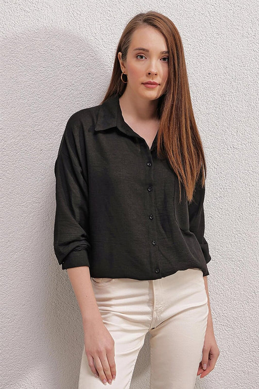 Black Oversize Shirt with Drop Shoulder Pocket