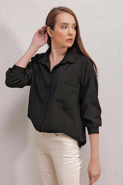 Black Oversize Shirt with Drop Shoulder Pocket