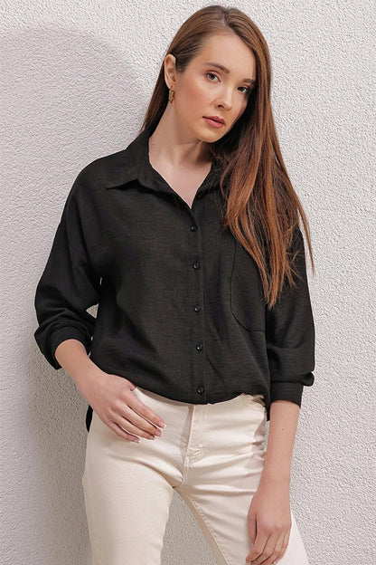 Black Oversize Shirt with Drop Shoulder Pocket