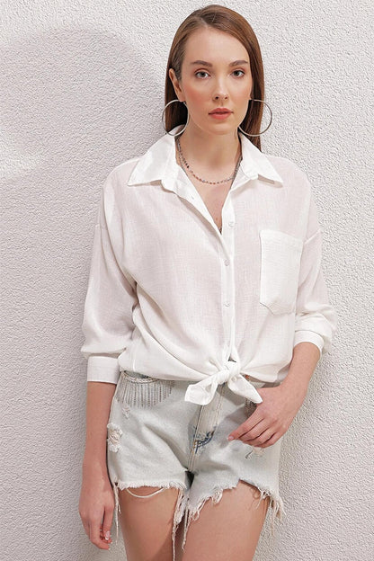 White Low Shoulder Pocket Owersize Shirt