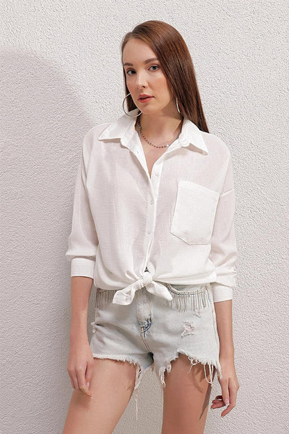 White Low Shoulder Pocket Owersize Shirt