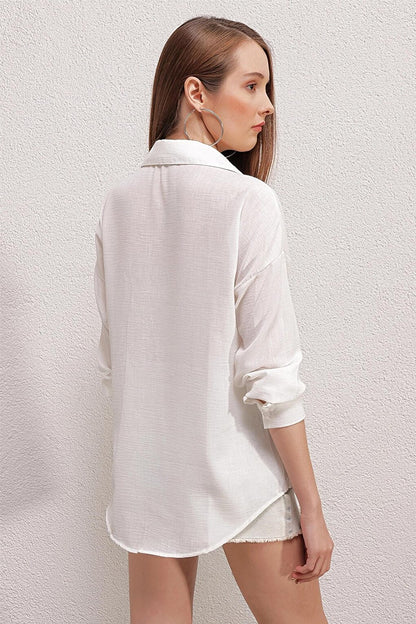 White Low Shoulder Pocket Owersize Shirt