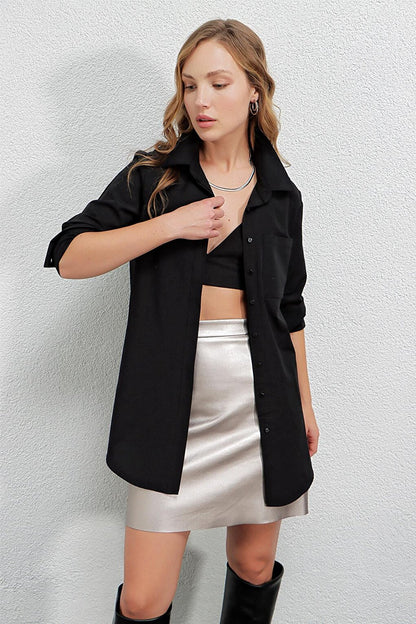 Women's Black Slit Basic Long Sleeve Boyfriend Poplin Long Shirt HZL22W-BD138791