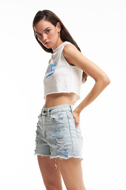 Ripped Detailed Jean Shorts Ice Blue