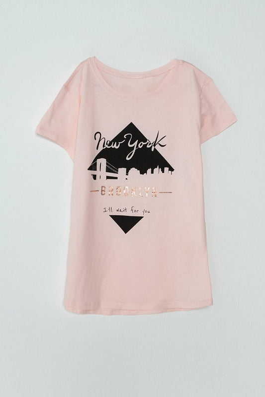 Text Printed Short Sleeve Girls' T-Shirt