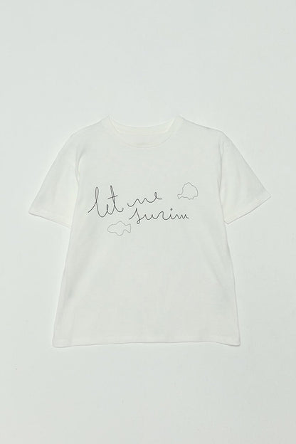 Girl's T-Shirt with Text Printed on Cream