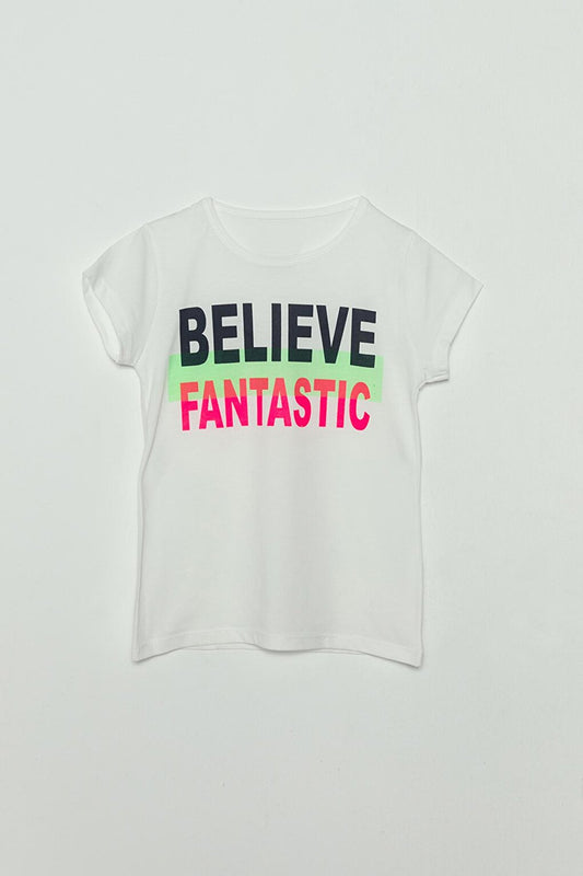 S Neck Text Printed Girls' T-Shirt