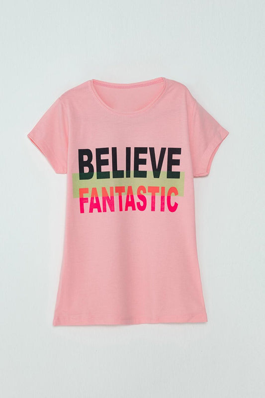 S Neck Text Printed Girls' T-Shirt